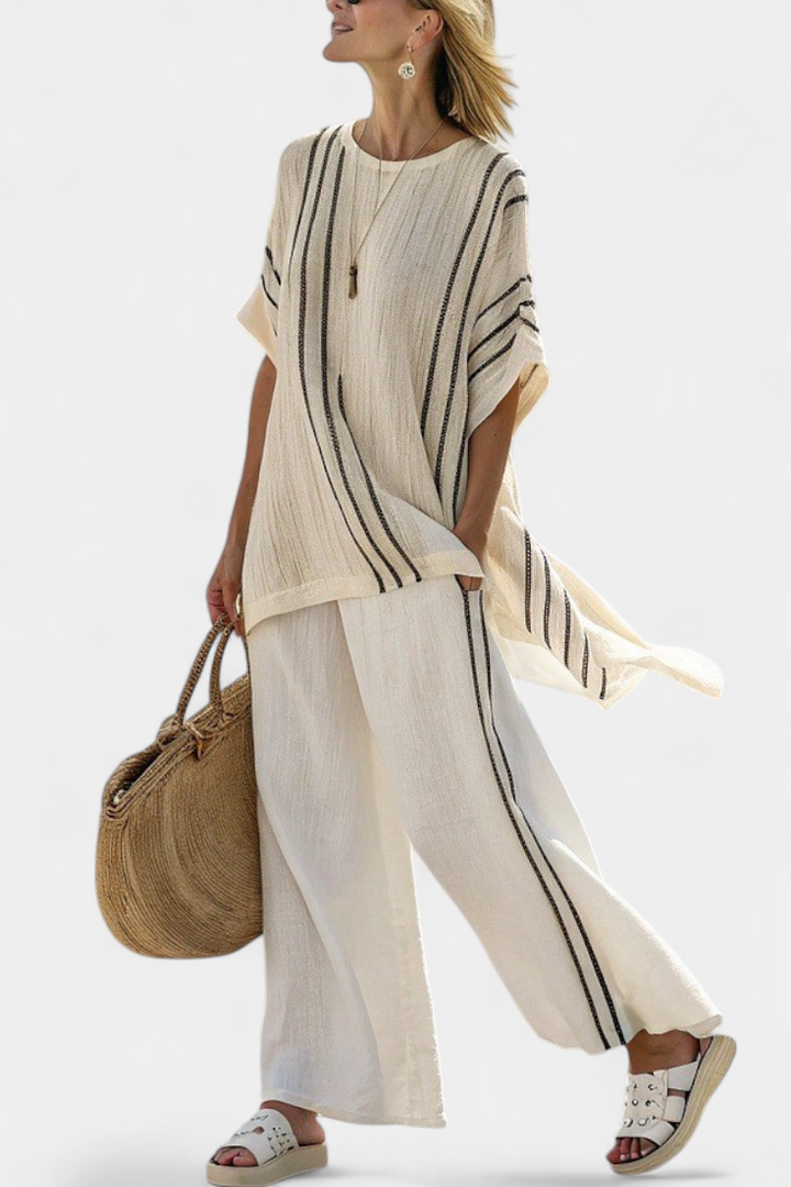 Greysen | Blouse en Lin Ivoire Élégante & Pantalons Rayés Noirs