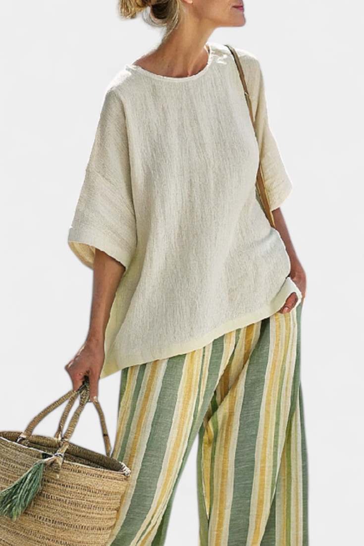 Ellowyn | Haut Sophistiqué & Pantalons en Lin Rayés